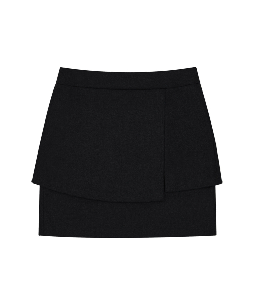 Wool Layered Midi Skirt-Black
