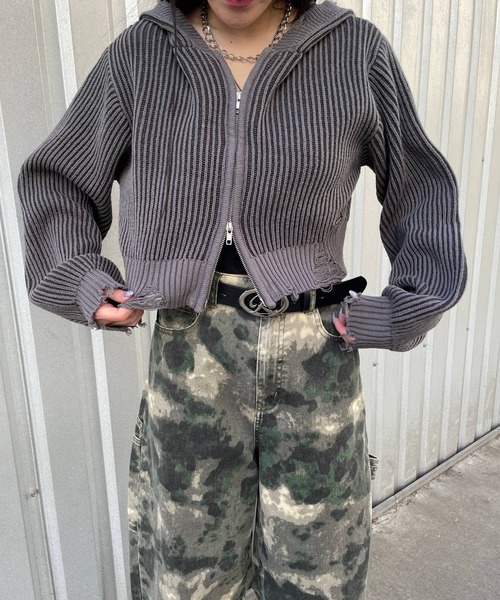 repipi armario（レピピ アルマリオ）の「ダメージニットZIPパーカー（ニット/セーター・キッズ・ライトグレー/ピンク/チャコールグレー・LARGE/SMALL/MEDIUM）」の4枚目の写真