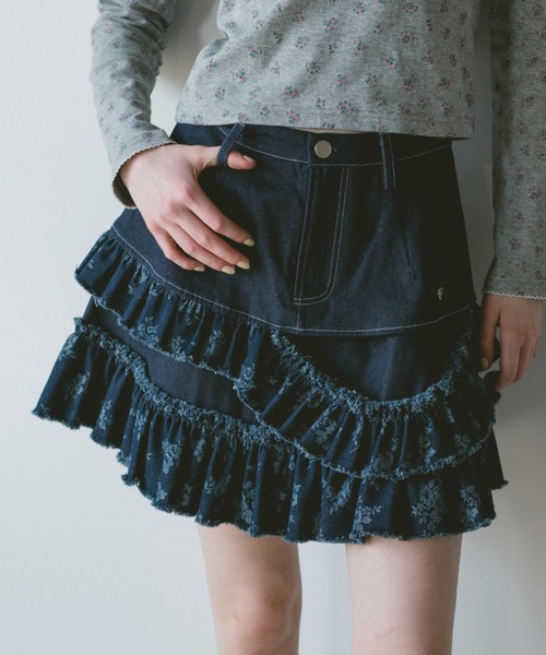 セール】damage frill denim mini skirt / ダメージフリルデニムミニ