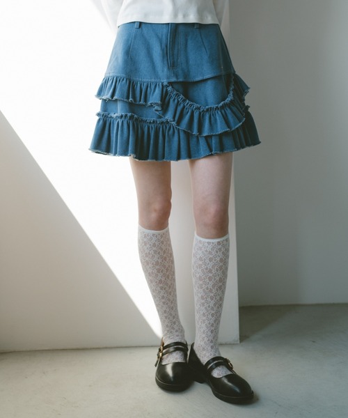 idem(イデム)の「damage frill denim mini skirt / ダメージフリルデニムミニスカート(スカート・レディース・ブルー/ネイビー・FREE)」の12枚目の写真