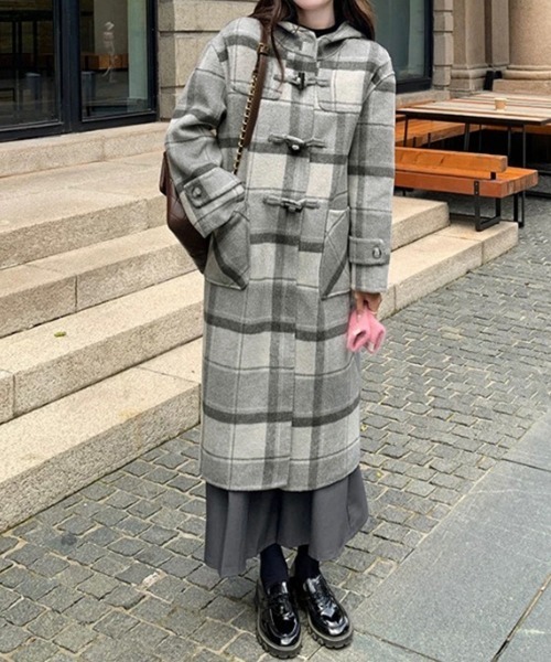 セール】トグルボタンロングコートチェック柄コート（ダッフルコート