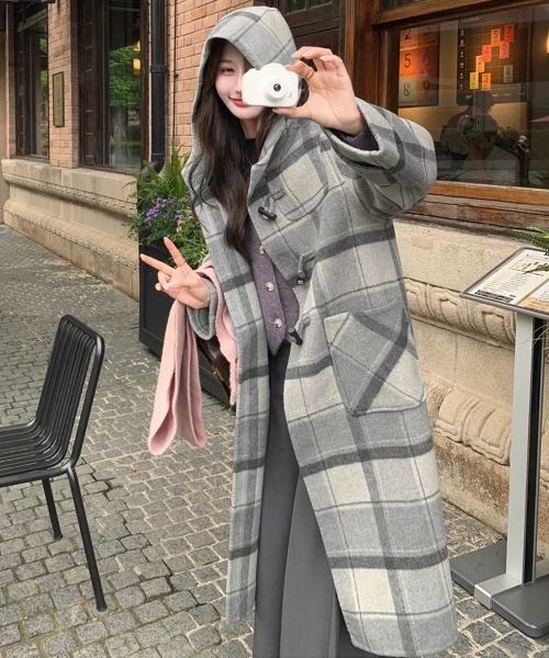 セール】トグルボタンロングコートチェック柄コート（ダッフルコート