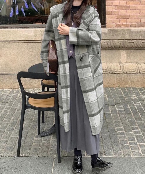 セール】トグルボタンロングコートチェック柄コート（ダッフルコート