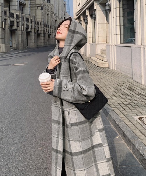 セール】トグルボタンロングコートチェック柄コート（ダッフルコート