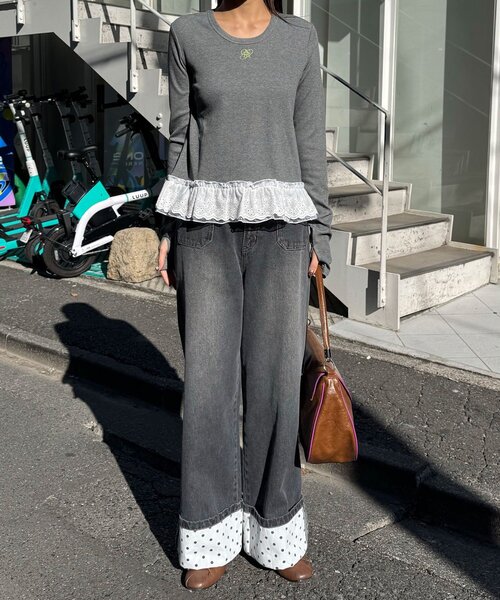 CIAOPANIC（チャオパニック）の「裾レースストレッチリブトップス（Tシャツ/カットソー・レディース・グレー/ブラック/ホワイト・ONE SIZE）」の11枚目の写真