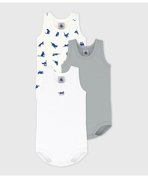 PETIT BATEAU(プチバトー)の「キャットプリントノースリーブボディ3枚組(ロンパース・キッズ・その他1・6MONTH/12MONTH/18MONTH/24MONTH)」の1枚目の写真