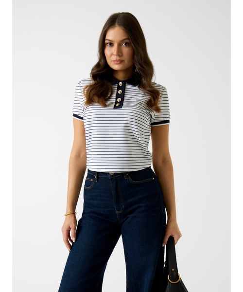 Guess(ゲス)の「ALPHONSINE Striped Top ポロシャツ(ポロシャツ・レディース・ホワイト×ネイビー/ネイビー・MEDIUM/LARGE/SMALL/X-SMALL)」の1枚目の写真