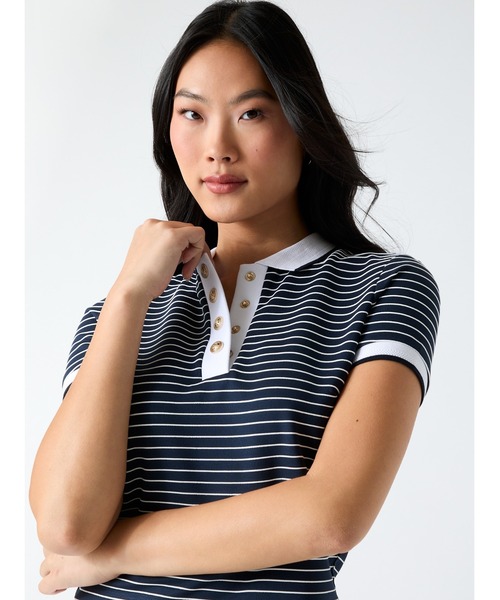 Guess(ゲス)の「ALPHONSINE Striped Top ポロシャツ(ポロシャツ・レディース・ホワイト×ネイビー/ネイビー・MEDIUM/LARGE/SMALL/X-SMALL)」の9枚目の写真