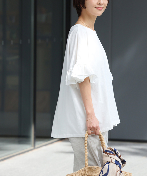 JOURNAL STANDARD relume（ジャーナルスタンダード　レリューム）の「《追加》コットンダブルフリルTEE（Tシャツ/カットソー・レディース・ホワイト/ブラック・FREE）」の2枚目の写真