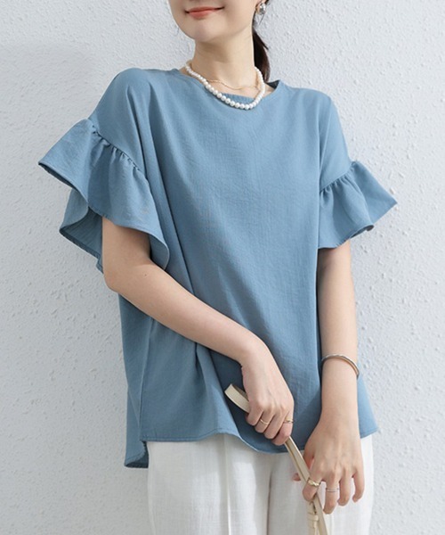 mielu(ミエル)の「袖フリル半袖Tシャツ(Tシャツ/カットソー・レディース・ベージュ/ホワイト/ブルー/ブラック・FREE)」の4枚目の写真