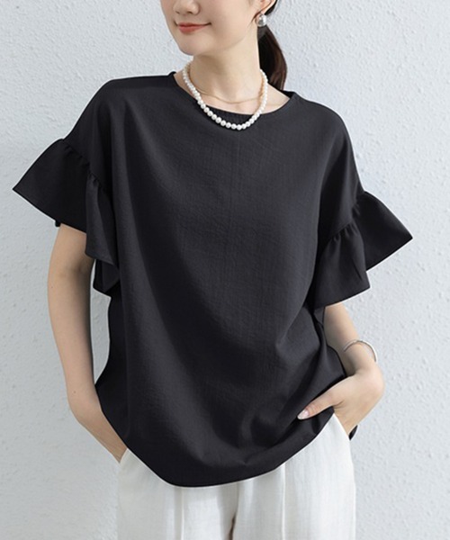 mielu(ミエル)の「袖フリル半袖Tシャツ(Tシャツ/カットソー・レディース・ベージュ/ホワイト/ブルー/ブラック・FREE)」の2枚目の写真