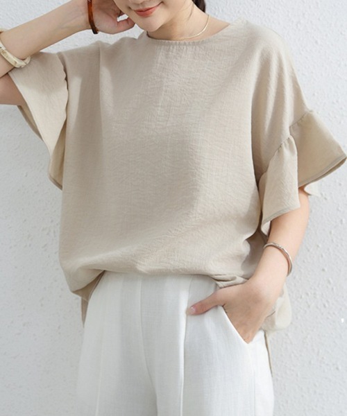 mielu(ミエル)の「袖フリル半袖Tシャツ(Tシャツ/カットソー・レディース・ベージュ/ホワイト/ブルー/ブラック・FREE)」の8枚目の写真