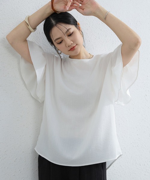 mielu(ミエル)の「袖フリル半袖Tシャツ(Tシャツ/カットソー・レディース・ベージュ/ホワイト/ブルー/ブラック・FREE)」の12枚目の写真