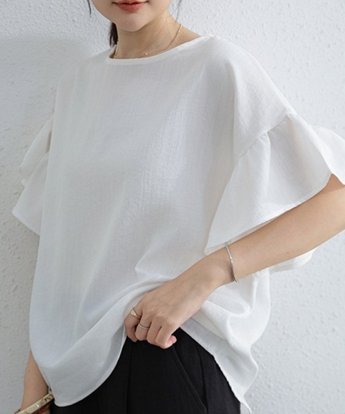 mielu(ミエル)の「袖フリル半袖Tシャツ(Tシャツ/カットソー・レディース・ベージュ/ホワイト/ブルー/ブラック・FREE)」の13枚目の写真