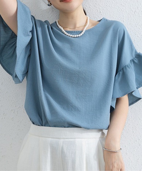 mielu(ミエル)の「袖フリル半袖Tシャツ(Tシャツ/カットソー・レディース・ベージュ/ホワイト/ブルー/ブラック・FREE)」の19枚目の写真