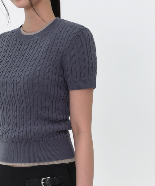 MUSINSA STANDARD WOMAN（ムシンサスタンダードウーマン）の「ウィメンズケーブルクルーネック半袖ニット[ブルーグレー]（ニット/セーター・レディース・その他・X-SMALL/SMALL/MEDIUM/LARGE）」の5枚目の写真