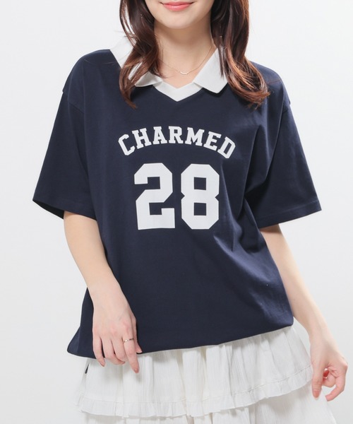 Honeys(ハニーズ)の「【UVカット】衿付Tシャツ(Tシャツ/カットソー・レディース・ネイビー/オートミール/ブルー/レッド・L/SS/LL/S/M)」の2枚目の写真