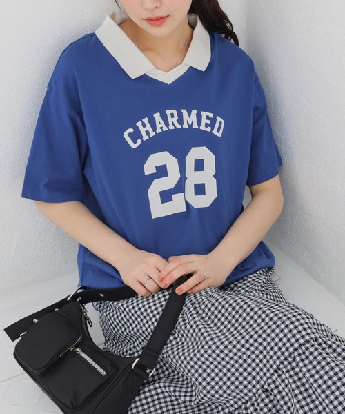 Honeys(ハニーズ)の「【UVカット】衿付Tシャツ(Tシャツ/カットソー・レディース・ネイビー/オートミール/ブルー/レッド・L/SS/LL/S/M)」の3枚目の写真