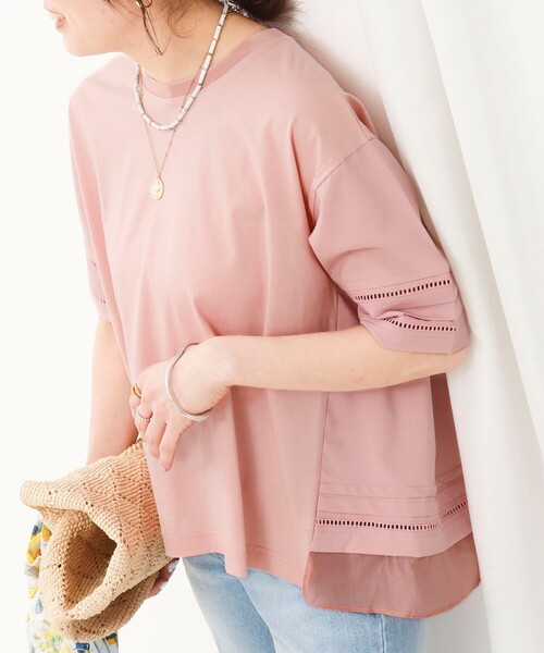 MICO COULIER（ミコクリエ）の「はしごレース異素材切替プルオーバー（Tシャツ/カットソー・レディース・ベビーピンク/オフホワイト/チャコールグレー・38）」の3枚目の写真