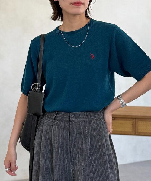 U.S. POLO ASSN.(ユーエスポロアッスン)の「【U.S. POLO ASSN.】スウェットライク半袖ニット(ニット/セーター・レディース・ライトグレー/グリーン/ボルドー/ネイビー・FREE)」の2枚目の写真