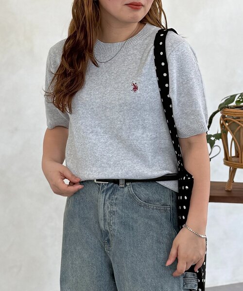 U.S. POLO ASSN.(ユーエスポロアッスン)の「【U.S. POLO ASSN.】スウェットライク半袖ニット(ニット/セーター・レディース・ライトグレー/グリーン/ボルドー/ネイビー・FREE)」の5枚目の写真