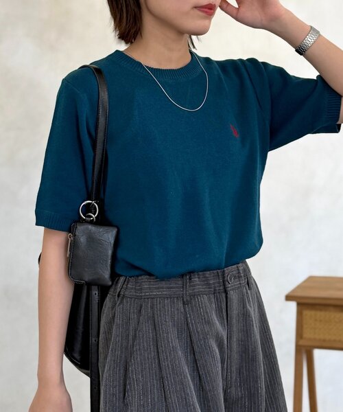 U.S. POLO ASSN.(ユーエスポロアッスン)の「【U.S. POLO ASSN.】スウェットライク半袖ニット(ニット/セーター・レディース・ライトグレー/グリーン/ボルドー/ネイビー・FREE)」の14枚目の写真