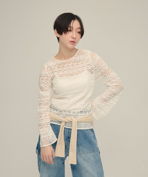 eL(エル)の「【eL】2way Lace Pullover/643997(Tシャツ/カットソー・レディース・ブラック/オフホワイト・FREE)」の1枚目の写真