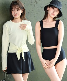 TeddyShop | 【UVカット率99.9%以上/サムホール付き/大きいサイズ有/4点セット】長袖結べるリボンラッシュガードトップス+タンキニ+ショートパンツ レディース水着(水着)