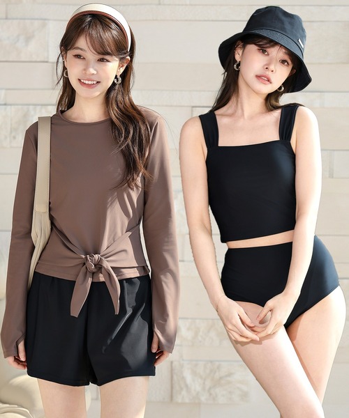 TeddyShop(テディショップ)の「【UVカット率99.9%以上/サムホール付き/大きいサイズ有/4点セット】長袖結べるリボンラッシュガードトップス+タンキニ+ショートパンツ レディース水着(水着・レディース・ブラウン系その他/ホワイト×ブラック/ベージュ系その他/モカ・S/M/L/LL)」の3枚目の写真