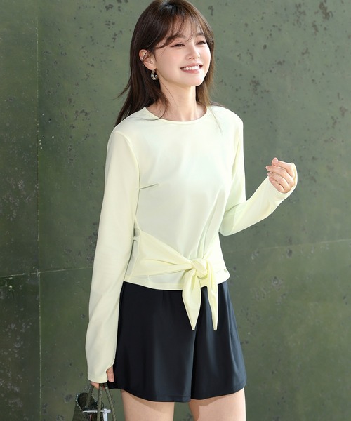 TeddyShop(テディショップ)の「【UVカット率99.9%以上/サムホール付き/大きいサイズ有/4点セット】長袖結べるリボンラッシュガードトップス+タンキニ+ショートパンツ レディース水着(水着・レディース・ブラウン系その他/ホワイト×ブラック/ベージュ系その他/モカ・S/M/L/LL)」の6枚目の写真