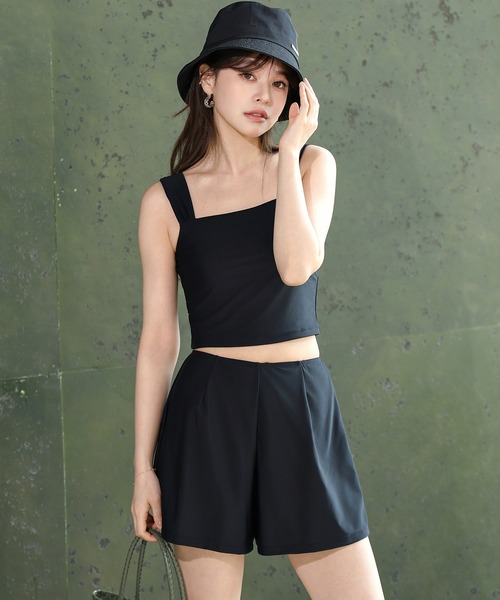 TeddyShop(テディショップ)の「【UVカット率99.9%以上/サムホール付き/大きいサイズ有/4点セット】長袖結べるリボンラッシュガードトップス+タンキニ+ショートパンツ レディース水着(水着・レディース・ブラウン系その他/ホワイト×ブラック/ベージュ系その他/モカ・S/M/L/LL)」の8枚目の写真