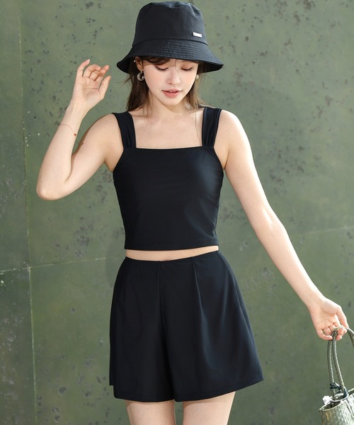 TeddyShop(テディショップ)の「【UVカット率99.9%以上/サムホール付き/大きいサイズ有/4点セット】長袖結べるリボンラッシュガードトップス+タンキニ+ショートパンツ レディース水着(水着・レディース・ブラウン系その他/ホワイト×ブラック/ベージュ系その他/モカ・S/M/L/LL)」の9枚目の写真