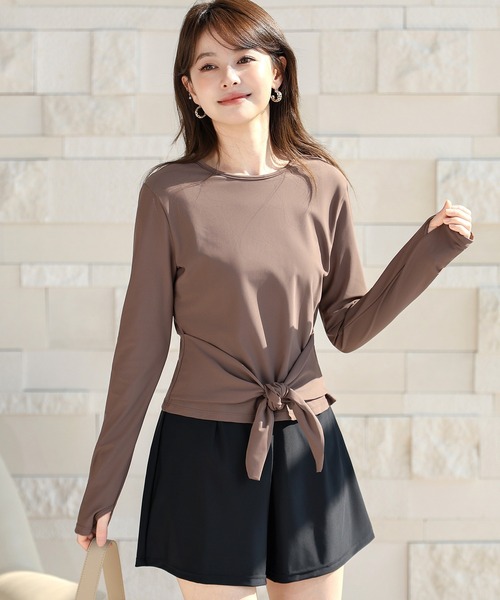 TeddyShop(テディショップ)の「【UVカット率99.9%以上/サムホール付き/大きいサイズ有/4点セット】長袖結べるリボンラッシュガードトップス+タンキニ+ショートパンツ レディース水着(水着・レディース・ブラウン系その他/ホワイト×ブラック/ベージュ系その他/モカ・S/M/L/LL)」の13枚目の写真