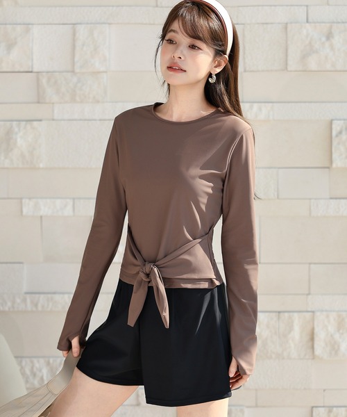 TeddyShop(テディショップ)の「【UVカット率99.9%以上/サムホール付き/大きいサイズ有/4点セット】長袖結べるリボンラッシュガードトップス+タンキニ+ショートパンツ レディース水着(水着・レディース・ブラウン系その他/ホワイト×ブラック/ベージュ系その他/モカ・S/M/L/LL)」の14枚目の写真
