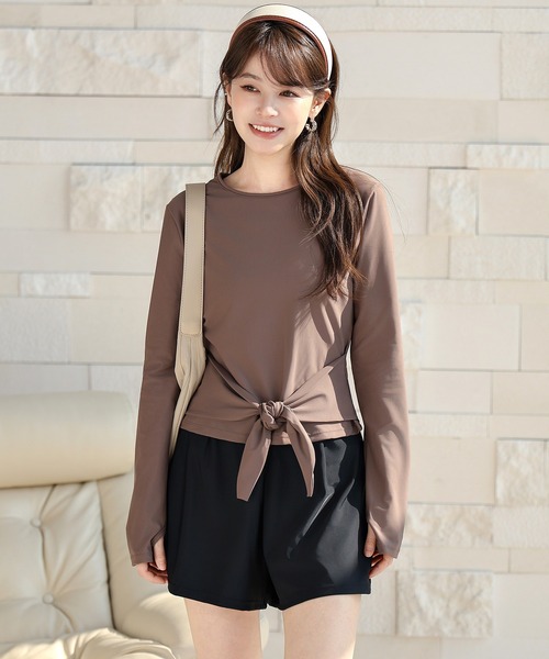 TeddyShop(テディショップ)の「【UVカット率99.9%以上/サムホール付き/大きいサイズ有/4点セット】長袖結べるリボンラッシュガードトップス+タンキニ+ショートパンツ レディース水着(水着・レディース・ブラウン系その他/ホワイト×ブラック/ベージュ系その他/モカ・S/M/L/LL)」の16枚目の写真