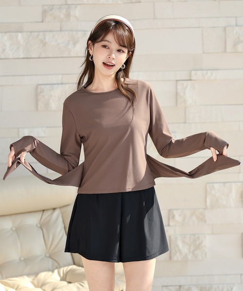 TeddyShop(テディショップ)の「【UVカット率99.9%以上/サムホール付き/大きいサイズ有/4点セット】長袖結べるリボンラッシュガードトップス+タンキニ+ショートパンツ レディース水着(水着・レディース・ブラウン系その他/ホワイト×ブラック/ベージュ系その他/モカ・S/M/L/LL)」の18枚目の写真