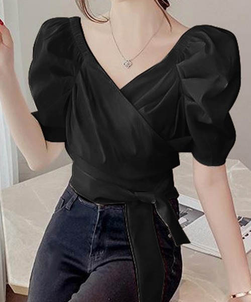 mielu(ミエル)の「タックギャザーカシュクールブラウス(シャツ/ブラウス・レディース・ブラック・MEDIUM)」の1枚目の写真