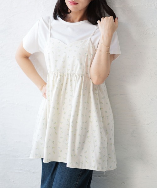 Ruwan yu(ルワンユー)の「小花柄バックシャーリングキャミチュニック(キャミソール・レディース・ホワイト・L/LL/3L/4L)」の7枚目の写真