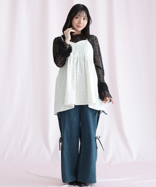 Ruwan yu(ルワンユー)の「小花柄バックシャーリングキャミチュニック(キャミソール・レディース・ホワイト・L/LL/3L/4L)」の10枚目の写真
