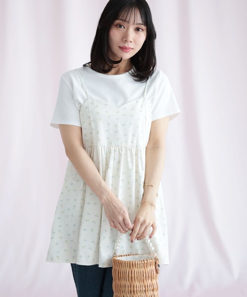 Ruwan yu(ルワンユー)の「小花柄バックシャーリングキャミチュニック(キャミソール・レディース・ホワイト・L/LL/3L/4L)」の13枚目の写真