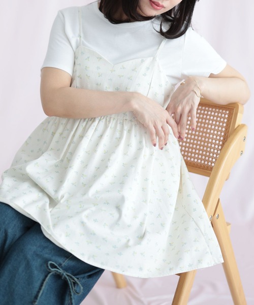 Ruwan yu(ルワンユー)の「小花柄バックシャーリングキャミチュニック(キャミソール・レディース・ホワイト・L/LL/3L/4L)」の16枚目の写真