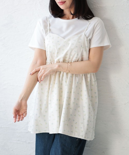 Ruwan yu(ルワンユー)の「小花柄バックシャーリングキャミチュニック(キャミソール・レディース・ホワイト・L/LL/3L/4L)」の17枚目の写真