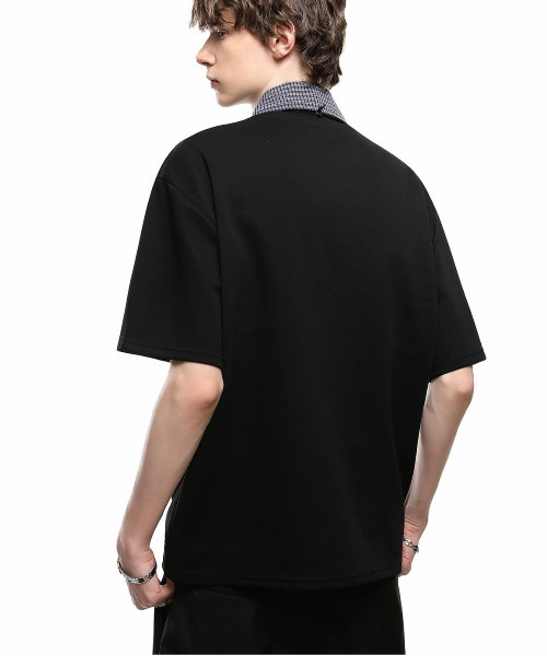 neos(ネオス)の「【neos】チェックレイヤード風 ハーフジップ ポロ Tシャツ メンズ レディース ユニセックス 半袖 オーバーサイズ フェイクレイヤード 韓国モード ドレープ 無地 カットソー(Tシャツ/カットソー・メンズ・ブラック/ホワイト/グレー・X-LARGE/LARGE/MEDIUM)」の5枚目の写真