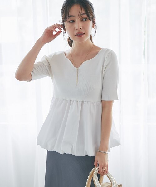 La boutique BonBon(ラブティックボンボン)の「【接触冷感・UVカット】クールタッチUV5分袖バルーンペプラムニット(ニット/セーター・レディース・ホワイト/チャコールグレー・FREE)」の2枚目の写真