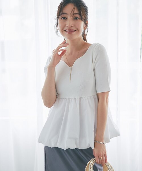 La boutique BonBon(ラブティックボンボン)の「【接触冷感・UVカット】クールタッチUV5分袖バルーンペプラムニット(ニット/セーター・レディース・ホワイト/チャコールグレー・FREE)」の3枚目の写真