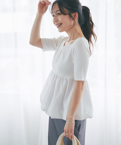 La boutique BonBon(ラブティックボンボン)の「【接触冷感・UVカット】クールタッチUV5分袖バルーンペプラムニット(ニット/セーター・レディース・ホワイト/チャコールグレー・FREE)」の4枚目の写真