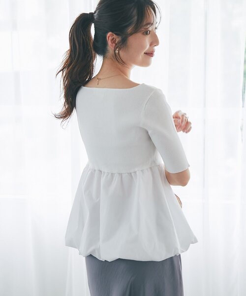 La boutique BonBon(ラブティックボンボン)の「【接触冷感・UVカット】クールタッチUV5分袖バルーンペプラムニット(ニット/セーター・レディース・ホワイト/チャコールグレー・FREE)」の5枚目の写真