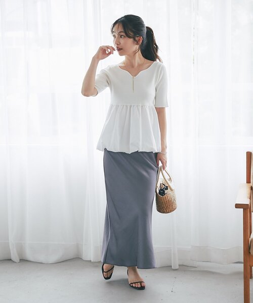 La boutique BonBon(ラブティックボンボン)の「【接触冷感・UVカット】クールタッチUV5分袖バルーンペプラムニット(ニット/セーター・レディース・ホワイト/チャコールグレー・FREE)」の6枚目の写真