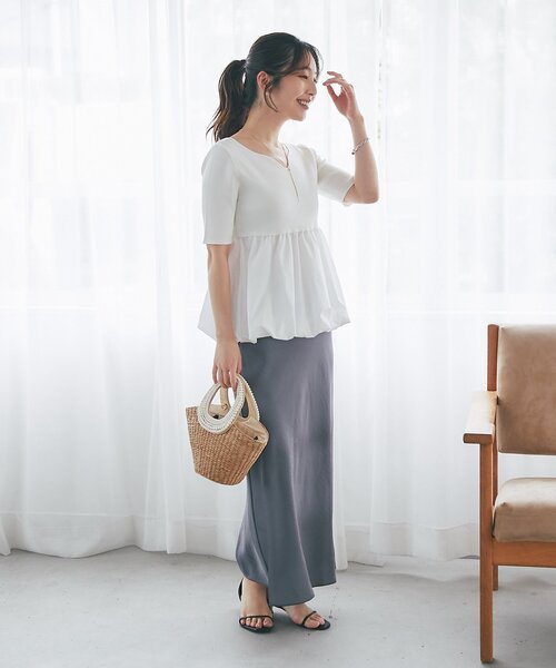 La boutique BonBon(ラブティックボンボン)の「【接触冷感・UVカット】クールタッチUV5分袖バルーンペプラムニット(ニット/セーター・レディース・ホワイト/チャコールグレー・FREE)」の7枚目の写真