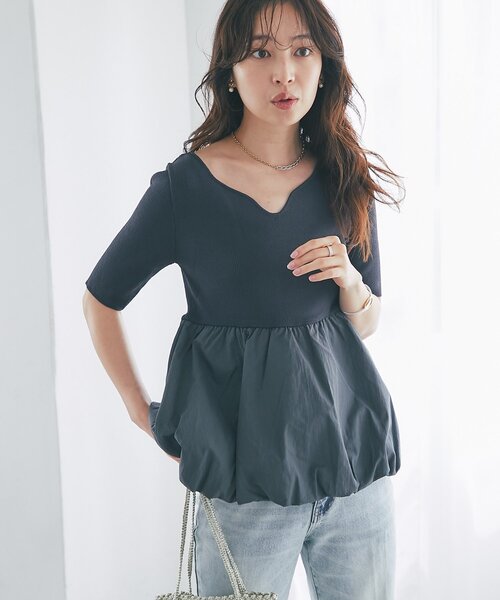 La boutique BonBon(ラブティックボンボン)の「【接触冷感・UVカット】クールタッチUV5分袖バルーンペプラムニット(ニット/セーター・レディース・ホワイト/チャコールグレー・FREE)」の17枚目の写真